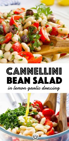 a bowl filled with beans and vegetables on top of a wooden spoon next to lemon wedges