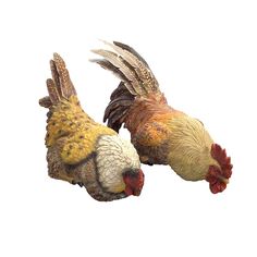 two colorful roosters are flying in the air