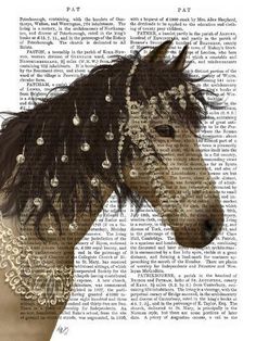 a horse with long hair and beads on it's head, in front of an old book page