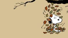 a cartoon dog is playing with falling leaves