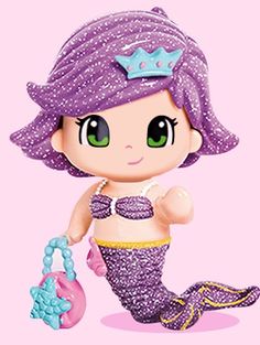 a little mermaid doll with purple hair and green eyes, holding a pink handbag