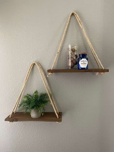 Triangle Rope Shelves Decorated Diy Boho Shelf, Diy Jute Rope Wall Art, Diy Shelves With Rope, Live Edge Ideas, Wood And Rope Shelves, Wall Shelves With Rope, Boho Western Bedroom, Pine And Rope Corner Shelves, Triangle Rope Shelves