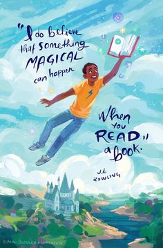 a boy is flying through the air with a book in his hand and an open book on