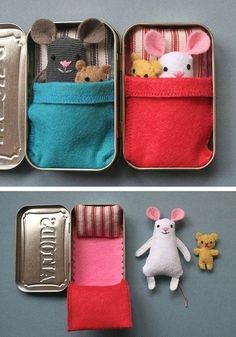 two tins with stuffed animals in them and one is open to show the contents