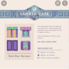 an advertisement for sanrio cafe featuring purple cabinets and pink curtains with the name sanrio terrace on it