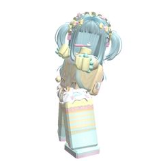 an animated doll with blue hair sitting on top of a box and holding something in her hands