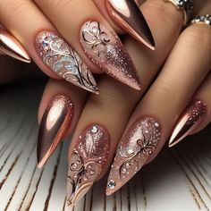 Almond Elegant Nails, Rose Gold Chrome Nails Designs, Rosegold Nailart, Rose Gold Christmas Nails, Pink Crystal Nails, Mauve Nails Design, Rose Gold Nail Ideas, Nail Inspo Light Pink, Wild Nail Designs