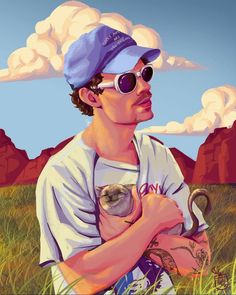 a painting of a man holding a small dog in his arms while wearing sunglasses and a hat