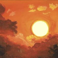 an oil painting of the sun setting over trees