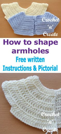 two crocheted aprons with the words, how to shape armholes free written instructions and pictorial guide