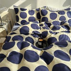 aesthetic bedding duvet cover set with large blue polka dot pattern print on beige/white background E Girl Room, Dark Academia Aesthetic Room, Pastel Aesthetic Room, Vintage Bedding Set, Indie Aesthetic Room, Checkered Decor, Pastel Bedding, Polka Dot Bedding, Bed Sheet Sizes