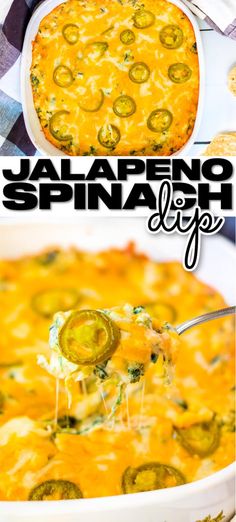 jalapeno spinach dip in a white casserole dish with the title above it