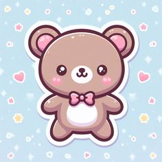 a brown teddy bear with a pink bow tie sitting on top of a blue background