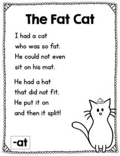 ut Rhyming Poems For Kids, Phonics Poems, Kindergarten Poems, Preschool Poems, Comprehension Kindergarten, English Poems For Kids, The Fat Cat, Simple Poems, Phonics Reading Passages