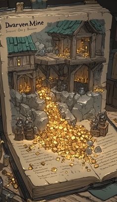 an open book with gold falling out of it on top of a wooden table next to a pile of books