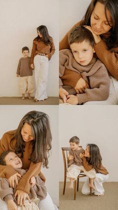 a woman holding a small child in her arms while sitting on a chair next to him