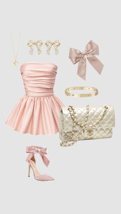 a pink dress and accessories are arranged on a white background