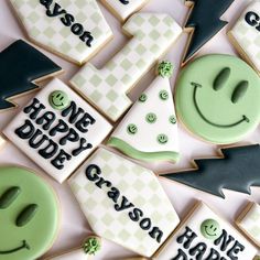 decorated cookies are arranged in the shape of christmas trees