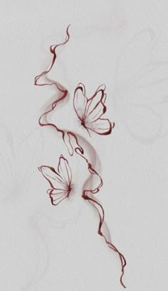 two butterflies are flying in the air on a white background with swirls and curves