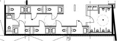 the floor plan for a bathroom with two sinks and three stalls, all in black and white