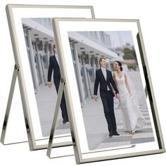 two silver frames with an image of a bride and groom walking down the street holding hands