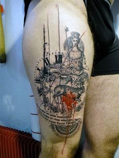 a man with a tattoo on his thigh that has an image of a clock tower