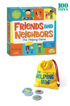 friends and neighborss the helping game is shown in front of a yellow drawsack bag