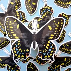 a bunch of black and yellow butterflies on a blue background