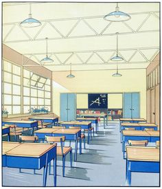 a drawing of a classroom with desks and chairs