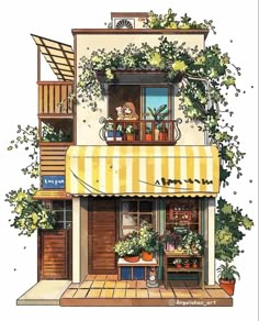 a drawing of a building with plants growing on the balcony and an awning over it