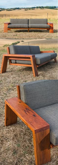 three different types of couches sitting on the ground in front of some dry grass