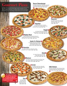 the different types of pizzas are shown in this poster, with instructions on how to make