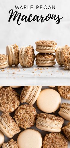 macaroons are stacked on top of each other with the words maple pecan macaroons above them