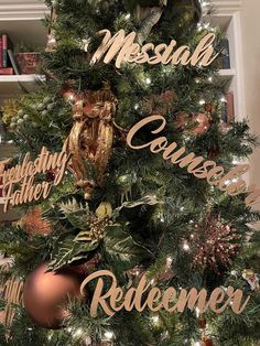 a christmas tree decorated with gold and silver ornaments, including the names of each family