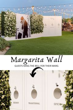 the margarita wall has been decorated with flowers and greenery for an outdoor event