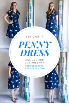 the sewing pattern for penny's dress is shown in three different pictures, including one with