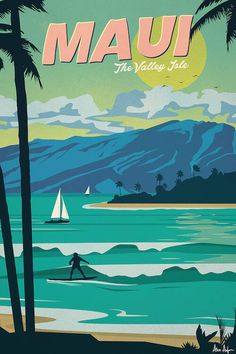 a poster with the words mau on it and a man surfing in the ocean