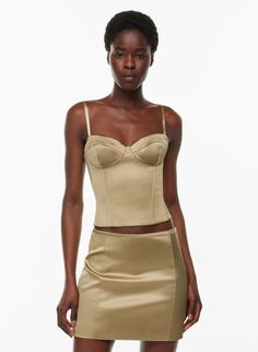 DAZZLE SATIN BUSTIER | Aritzia Party Camisole With Sweetheart Neckline And Built-in Bra, Party Tube Top With Spaghetti Straps And Built-in Bra, Chic Camisole Corset With Built-in Bra, Chic Overbust Corset With Built-in Bra, Satin Corset With Built-in Bra For Night Out, Fitted Camisole With Built-in Bra For Evening, Chic Boned Bodice Camisole For Night Out, Chic Camisole With Boned Bodice For Night Out, Sweetheart Neckline Corset With Built-in Bra