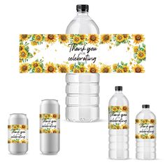 three water bottles with sunflowers on them and thank you for celebrating the occasion