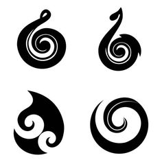 six black and white swirls in the shape of spirals on a white background