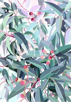 an abstract painting of leaves and berries on a white background with blue, green, pink, and grey colors