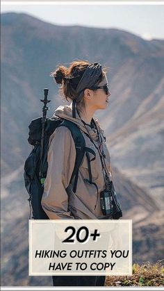 a woman standing on top of a mountain with her back to the camera and text overlay reading 20 hiking outfits you have to copy