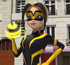 a woman in a black and yellow cat suit