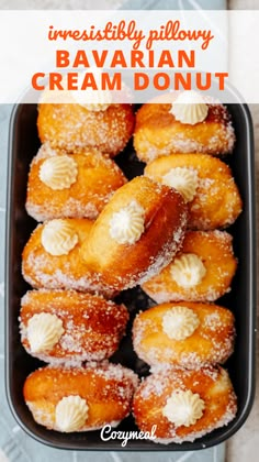 an image of some desserts in a container with the words irresistiblely pillony bavaran cream donut