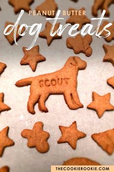 peanut butter dog treats on a cookie sheet with the words, peanut butter dog treats