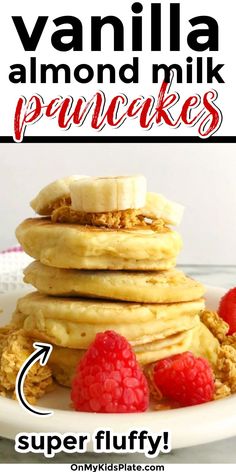 pancakes stacked on top of each other with raspberries