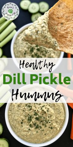 healthy dill pickle hummus with carrots and celery on the side