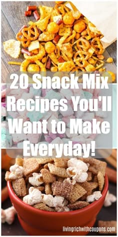 a bowl full of snacks with the words 20 snack mix recipes you'll want to make