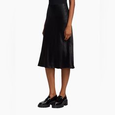 Details Crafted Of Crinkled Satin Fabrication, This Minimalist Vince Skirt Is Designed In A Midi-Length. Elasticized Waistband Pull-On Style 100% Acetate Hand Wash Black Satin Midi Skirt, Satin Midi Skirt, Fit N Flare Dress, Women Skirts Midi, Black Satin, Fit & Flare, Trending Accessories, Jean Coat, Trending Shoes