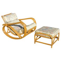 a wooden rocking chair and foot stool sitting next to each other